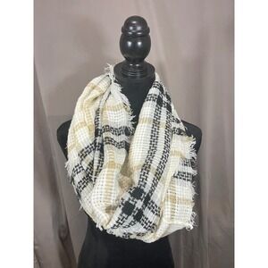 Unbranded Women Plaid Infinity Scarf Cream Black Tan Eyelash Fringe Edge